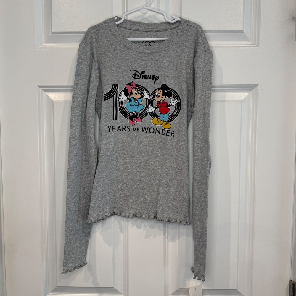 Disney 100 Years of Wonder Mickey Minnie Gray Long Sleeve Lettuce Trim Shirt S
